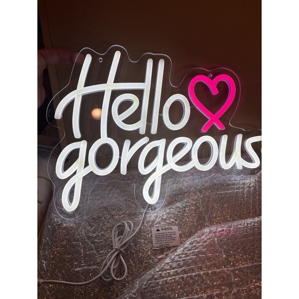 Hello Gorgeous Neon Sign Beautiful White With Pink Heart LED 15" x 10.8"